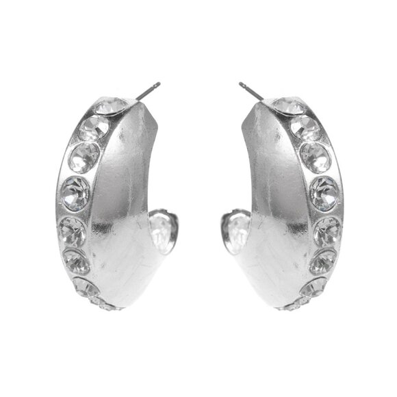 NEW Center Rhinestone Accented Chunky Crescent Half Hoop Glamcore Bling Earrings - Picture 4 of 6